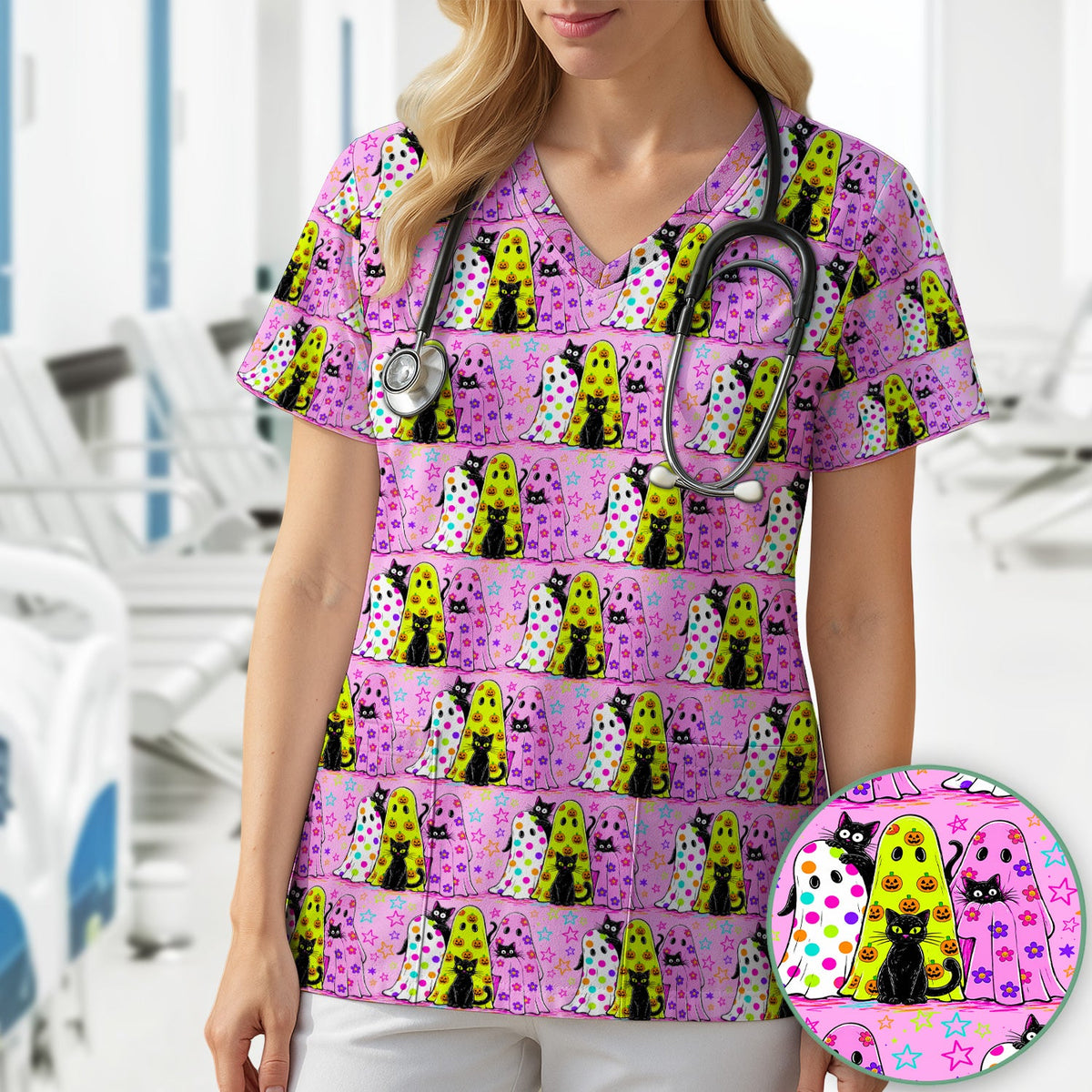 Spooky Halloween Ghost Cat Print Scrub Top, Comfortable Scrubs for Nurses