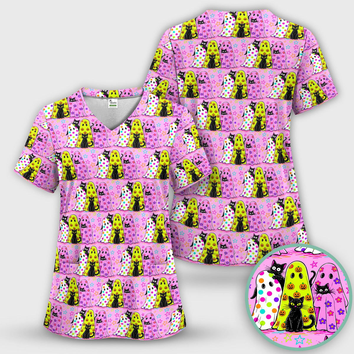 Spooky Halloween Ghost Cat Print Scrub Top, Comfortable Scrubs for Nurses