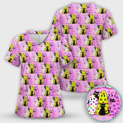 Spooky Halloween Ghost Cat Print Scrub Top, Comfortable Scrubs for Nurses