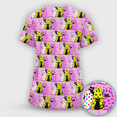 Spooky Halloween Ghost Cat Print Scrub Top, Comfortable Scrubs for Nurses