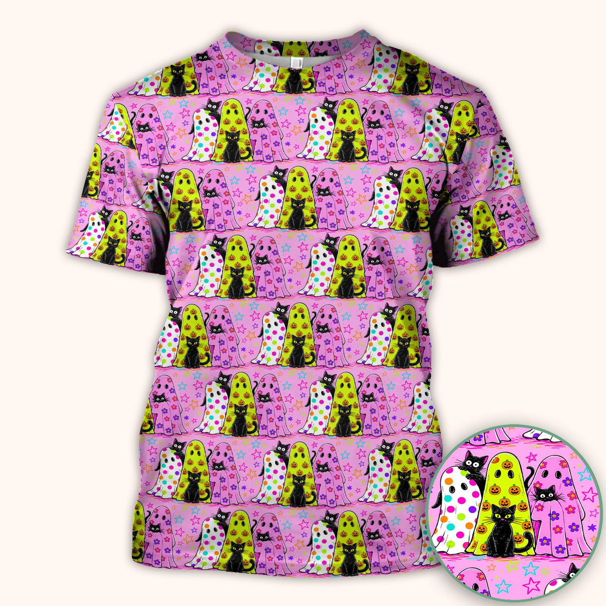 Spooky Halloween Ghost Cat Print Scrub Top, Comfortable Scrubs for Nurses