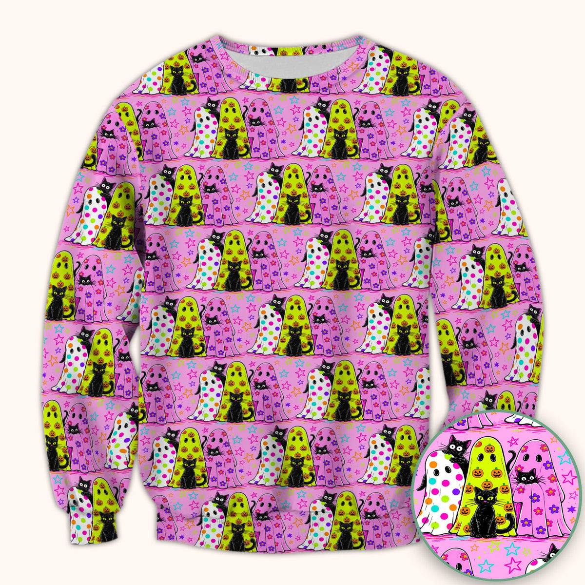 Spooky Halloween Ghost Cat Print Scrub Top, Comfortable Scrubs for Nurses