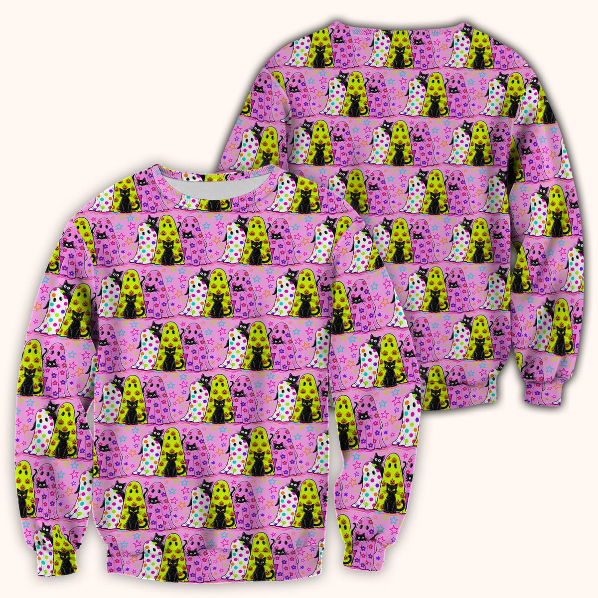 Spooky Halloween Ghost Cat Print Scrub Top, Comfortable Scrubs for Nurses