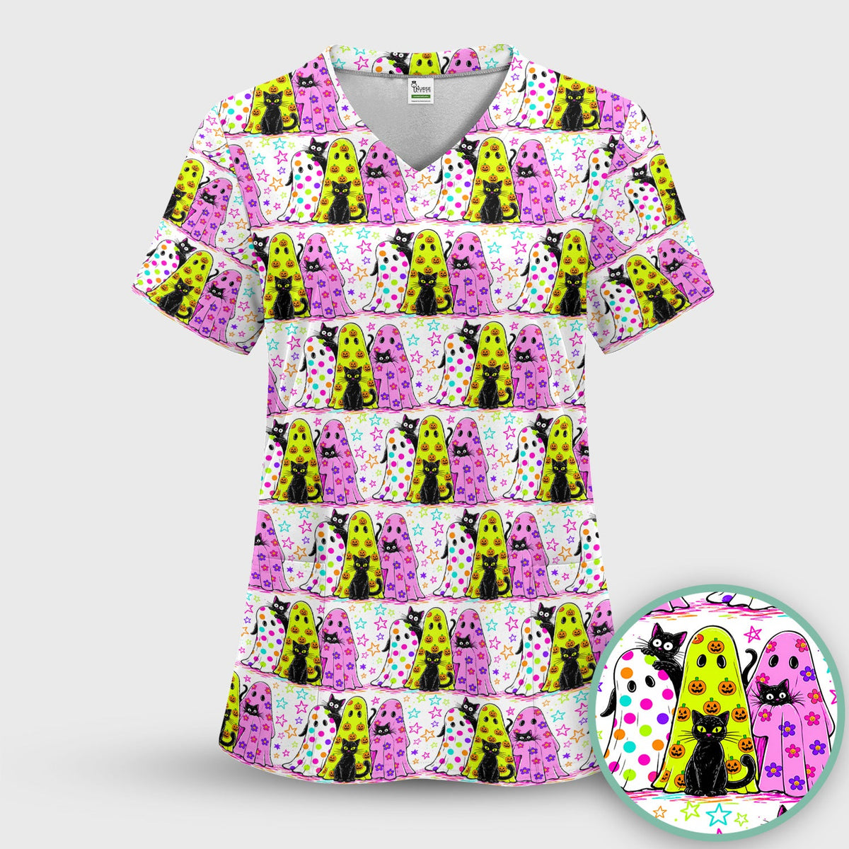 Spooky Halloween Ghost Cat Print Scrub Top, Comfortable Scrubs for Nurses