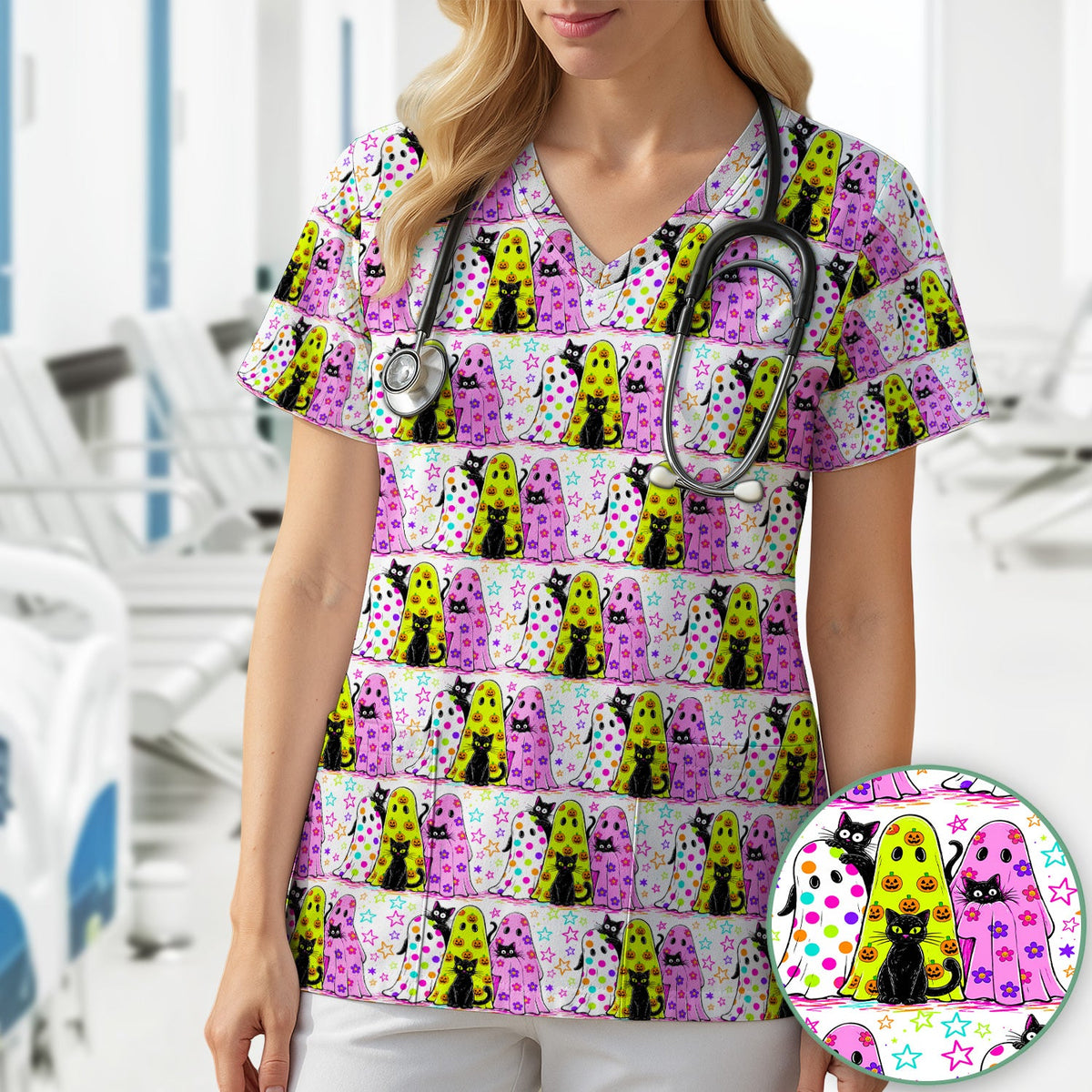 Spooky Halloween Ghost Cat Print Scrub Top, Comfortable Scrubs for Nurses