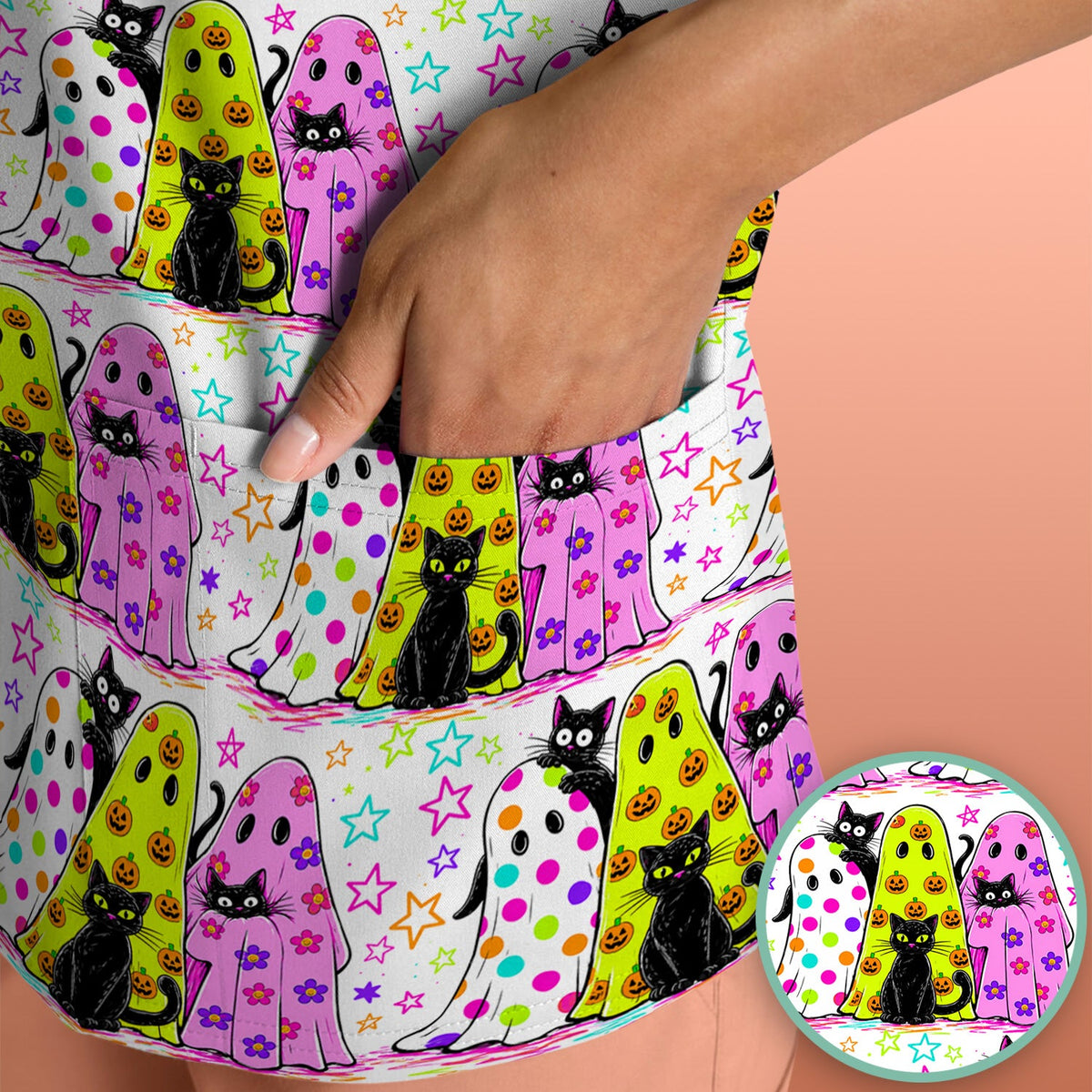 Spooky Halloween Ghost Cat Print Scrub Top, Comfortable Scrubs for Nurses
