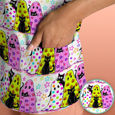 Spooky Halloween Ghost Cat Print Scrub Top, Comfortable Scrubs for Nurses