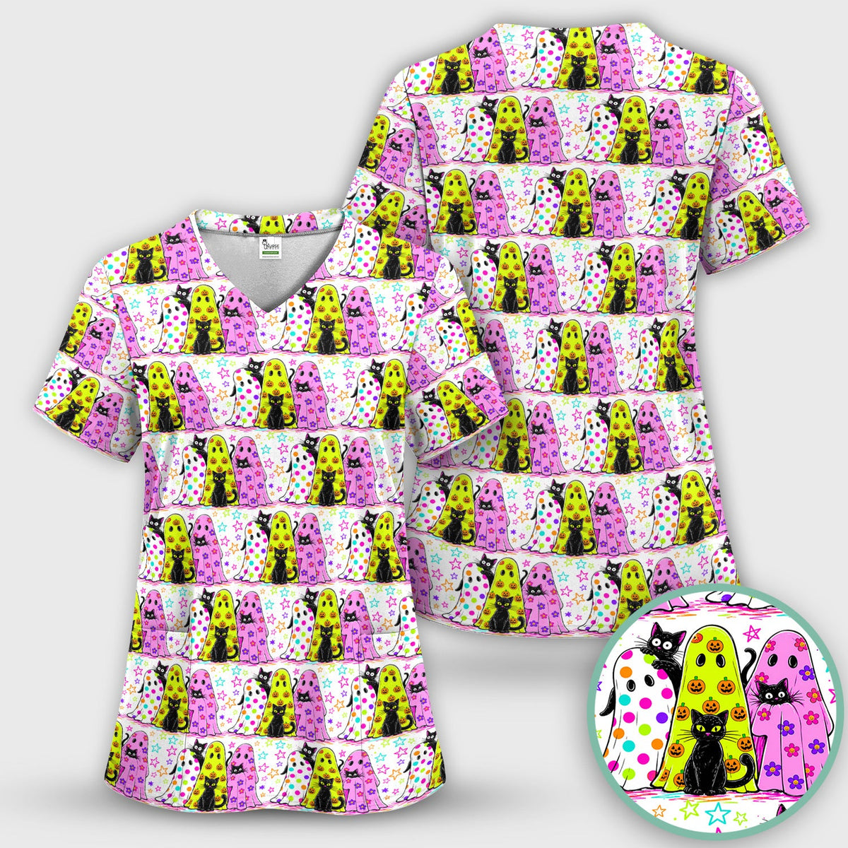 Spooky Halloween Ghost Cat Print Scrub Top, Comfortable Scrubs for Nurses