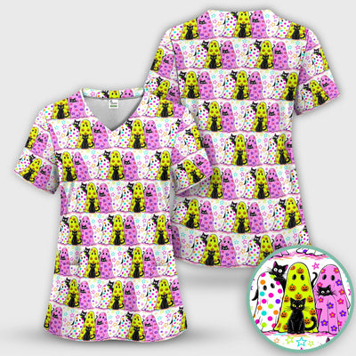 Spooky Halloween Ghost Cat Print Scrub Top, Comfortable Scrubs for Nurses
