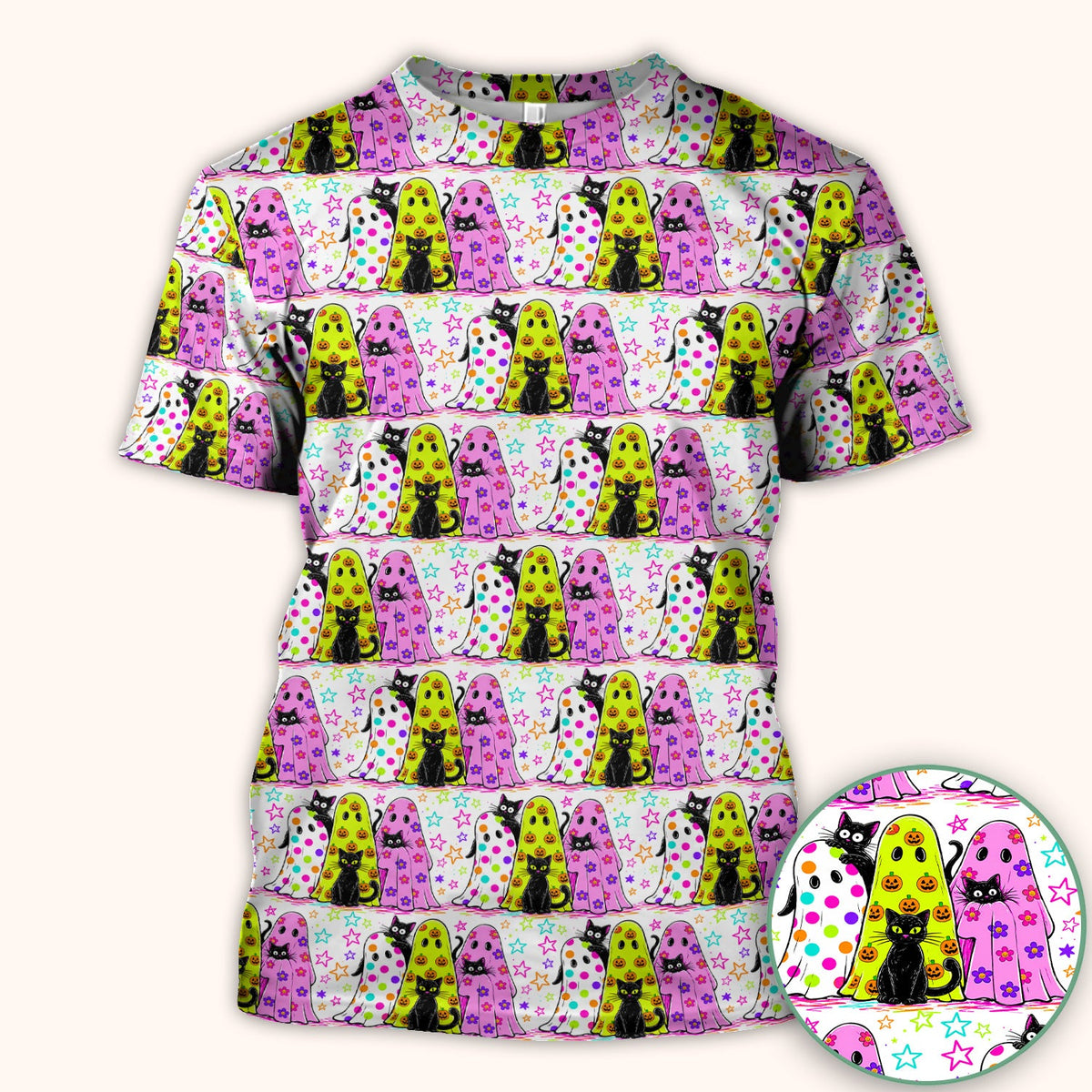 Spooky Halloween Ghost Cat Print Scrub Top, Comfortable Scrubs for Nurses