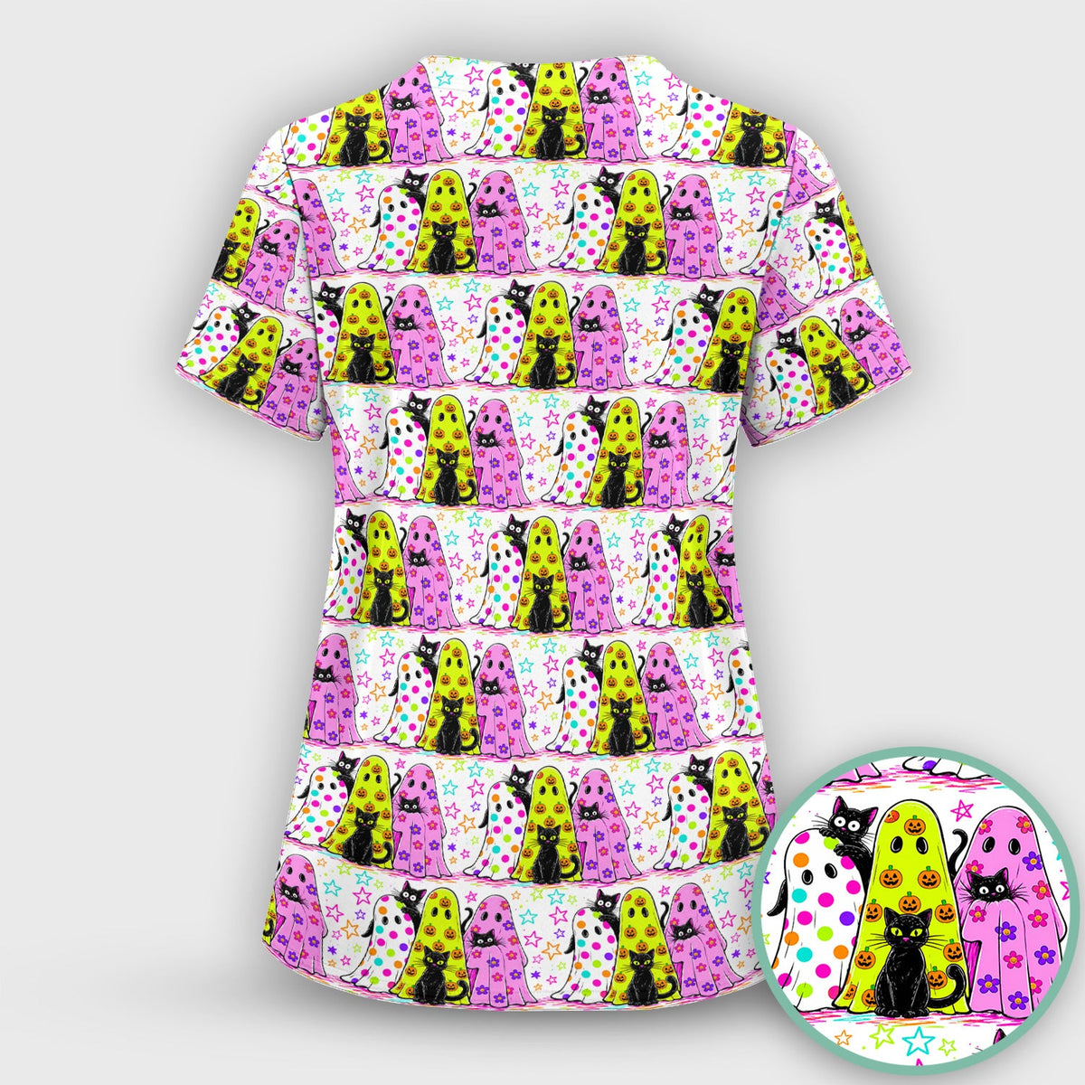 Spooky Halloween Ghost Cat Print Scrub Top, Comfortable Scrubs for Nurses