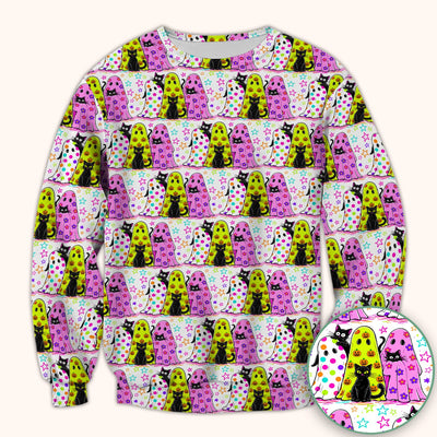Spooky Halloween Ghost Cat Print Scrub Top, Comfortable Scrubs for Nurses