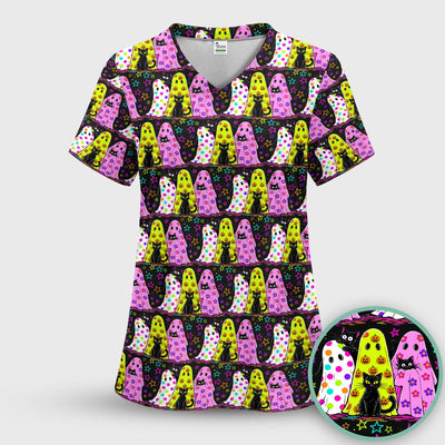Spooky Halloween Ghost Cat Print Scrub Top, Comfortable Scrubs for Nurses