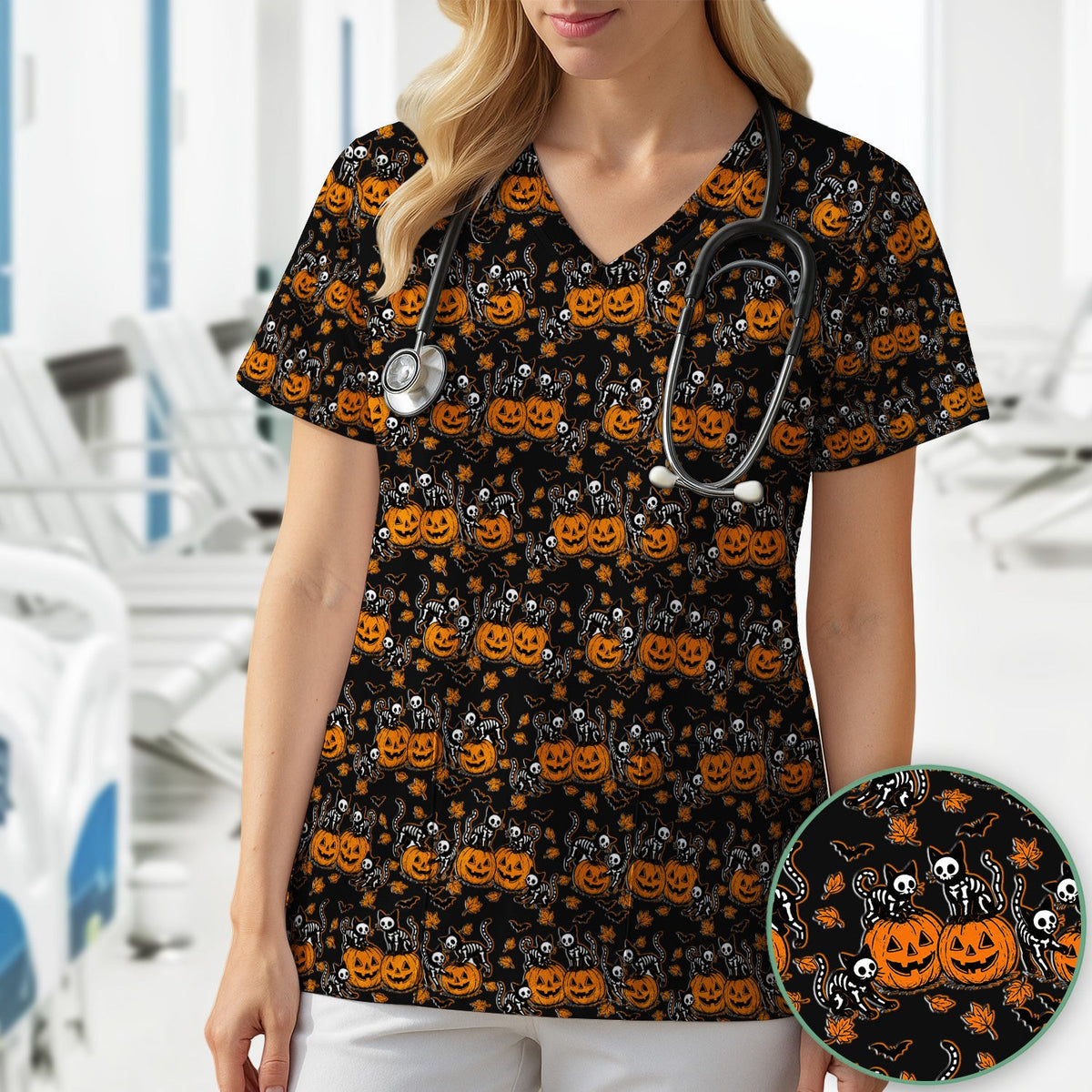 Halloween Skeleton Cat Print Scrub Top, Comfortable Scrubs for Nurses