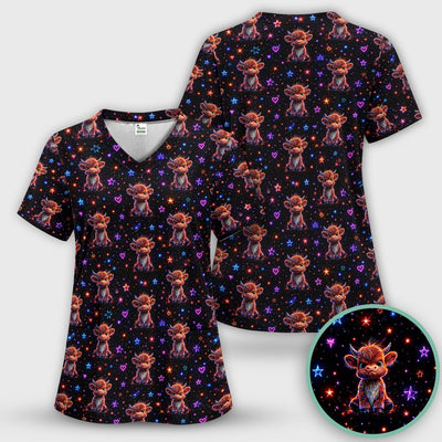 Neon Highland Cow Stars Pattern Scrub Top, Comfortable Scrubs for Nurses