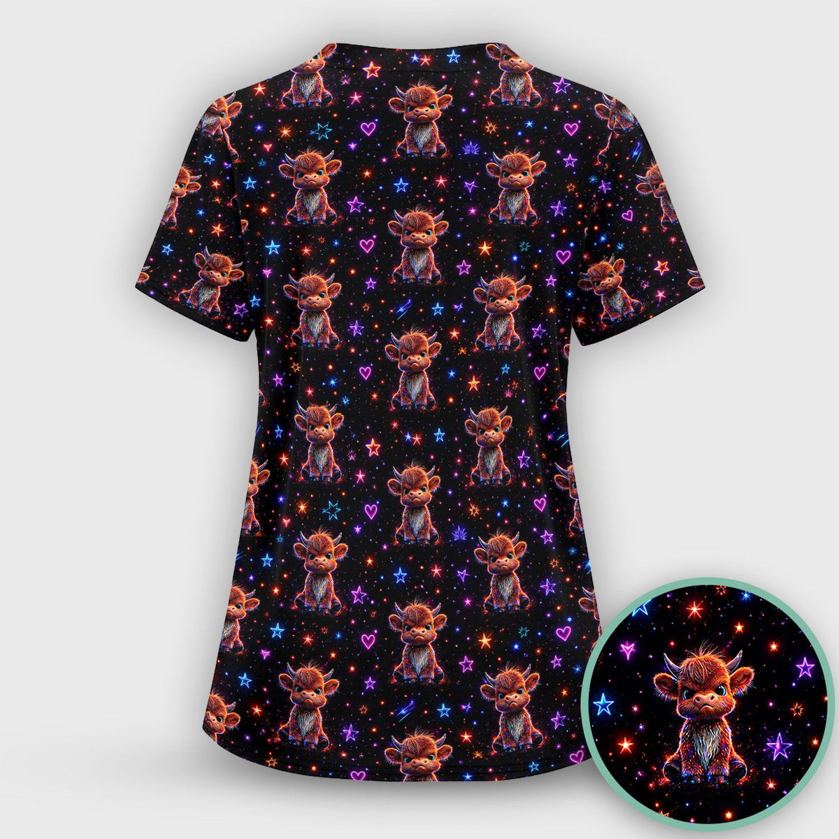 Neon Highland Cow Stars Pattern Scrub Top, Comfortable Scrubs for Nurses