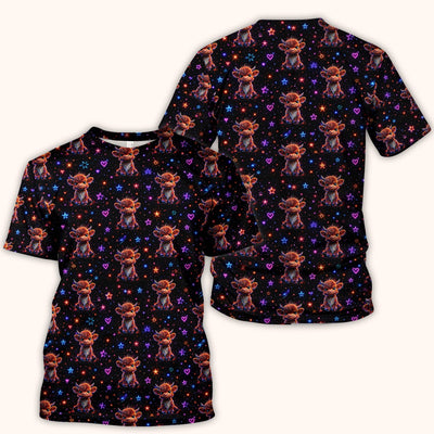 Neon Highland Cow Stars Pattern Scrub Top, Comfortable Scrubs for Nurses