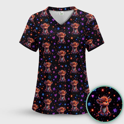 Neon Highland Cow Stars Pattern Scrub Top, Comfortable Scrubs for Nurses