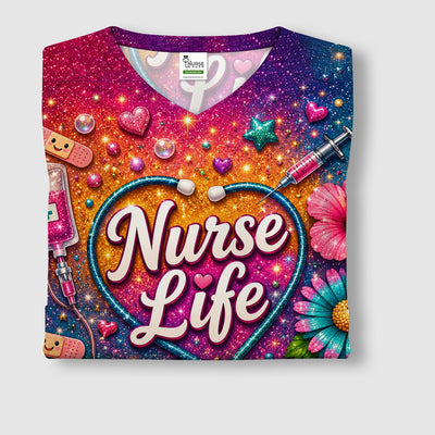 Colorful Nurse Life Heart Pattern Scrub Top, Comfortable Scrubs for Nurses