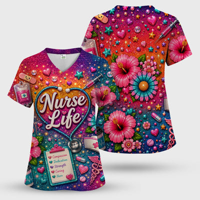 Colorful Nurse Life Heart Pattern Scrub Top, Comfortable Scrubs for Nurses