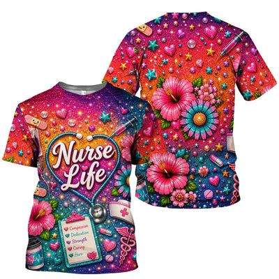 Colorful Nurse Life Heart Pattern Scrub Top, Comfortable Scrubs for Nurses