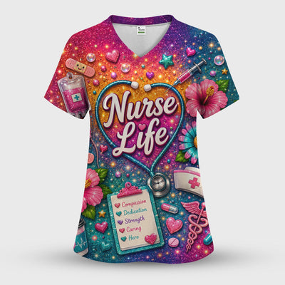 Colorful Nurse Life Heart Pattern Scrub Top, Comfortable Scrubs for Nurses
