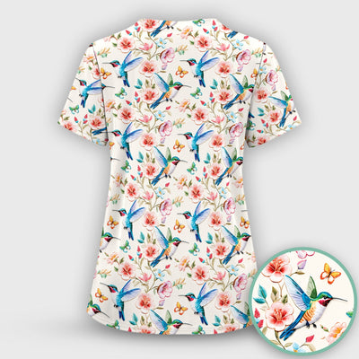 Hummingbird Blossom Butterfly Pattern Scrub Top, Comfortable Scrubs for Nurses