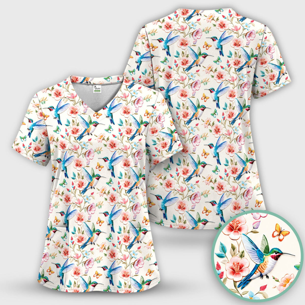 Hummingbird Blossom Butterfly Pattern Scrub Top, Comfortable Scrubs for Nurses