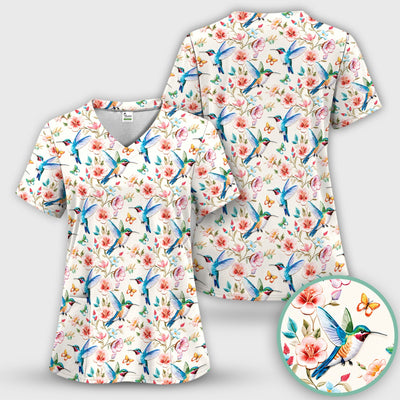 Hummingbird Blossom Butterfly Pattern Scrub Top, Comfortable Scrubs for Nurses