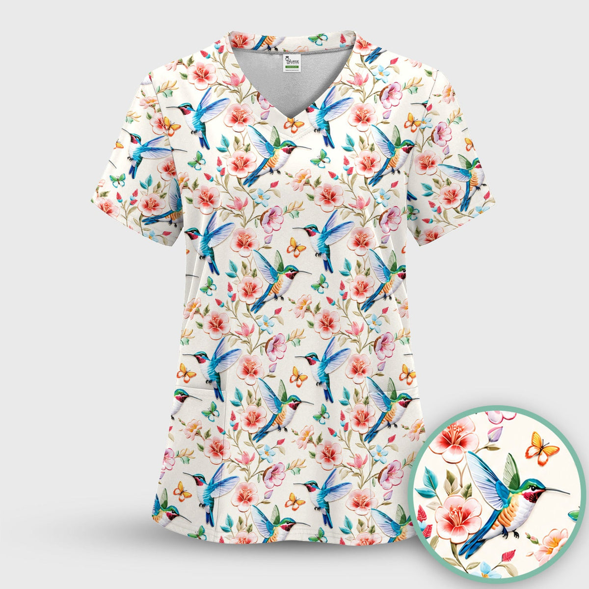 Hummingbird Blossom Butterfly Pattern Scrub Top, Comfortable Scrubs for Nurses