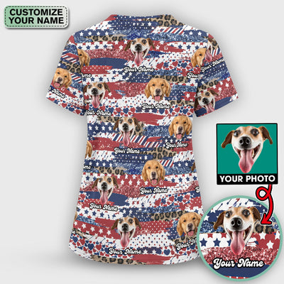 Custom Dog Photo Flag Pattern Scrub Top, Comfortable Scrubs for Nurses