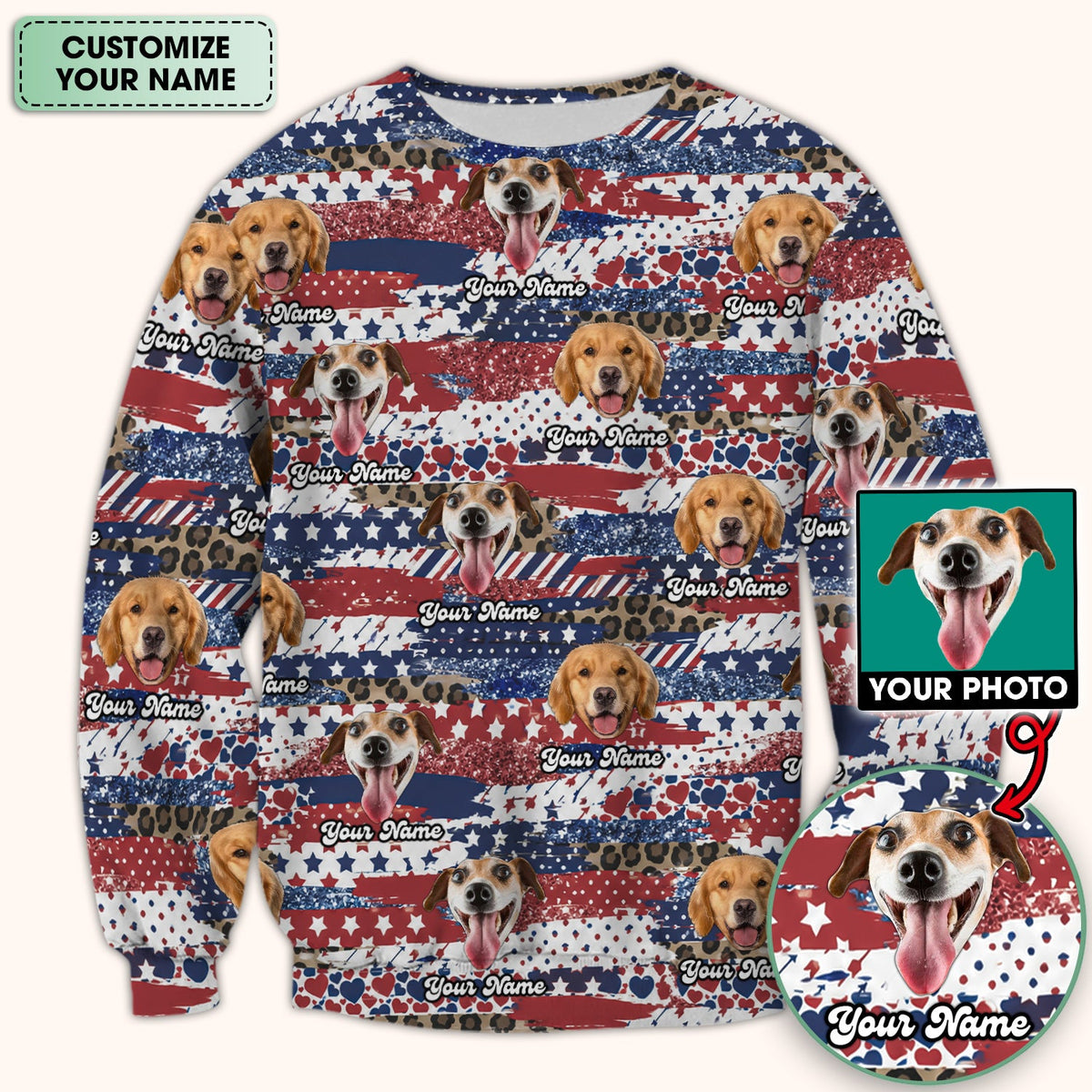 Custom Dog Photo Flag Pattern Scrub Top, Comfortable Scrubs for Nurses