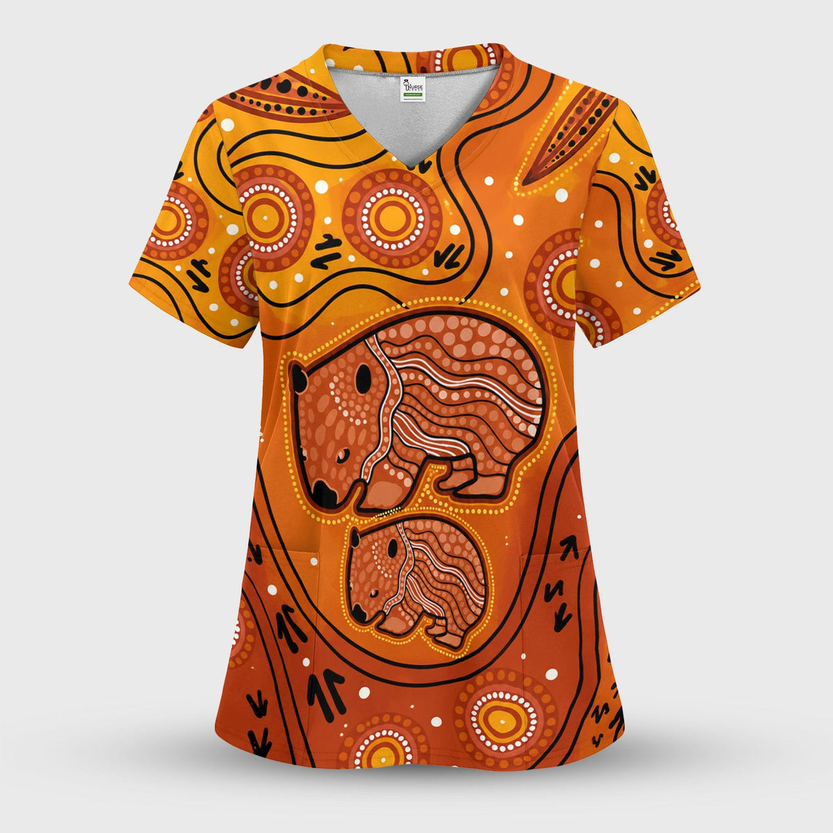 Australian Aboriginal Wombat Family Art Pattern Scrub Top, Comfortable Scrubs for Nurses