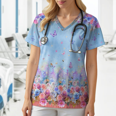 Pastel Flower Garden Print Scrub Top, Comfortable Scrubs for Nurses