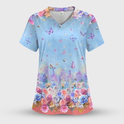 Pastel Flower Garden Print Scrub Top, Comfortable Scrubs for Nurses