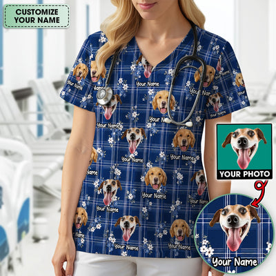 Custom Face Dog With Floral Plaid Pattern Scrub Top, Comfortable Scrubs for Nurses