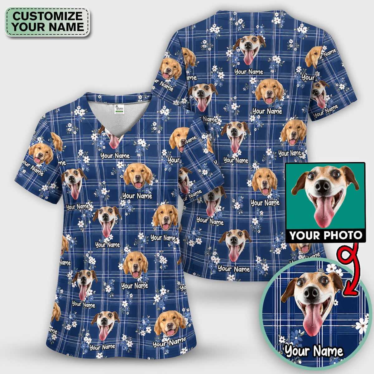 Custom Face Dog With Floral Plaid Pattern Scrub Top, Comfortable Scrubs for Nurses