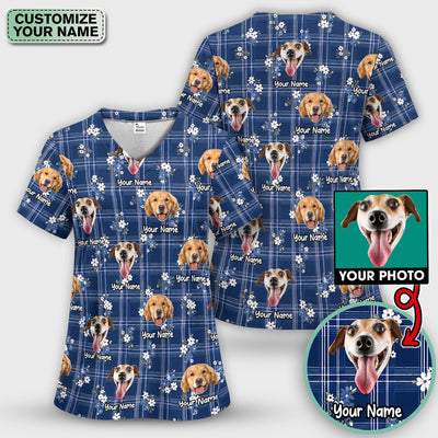 Custom Face Dog With Floral Plaid Pattern Scrub Top, Comfortable Scrubs for Nurses