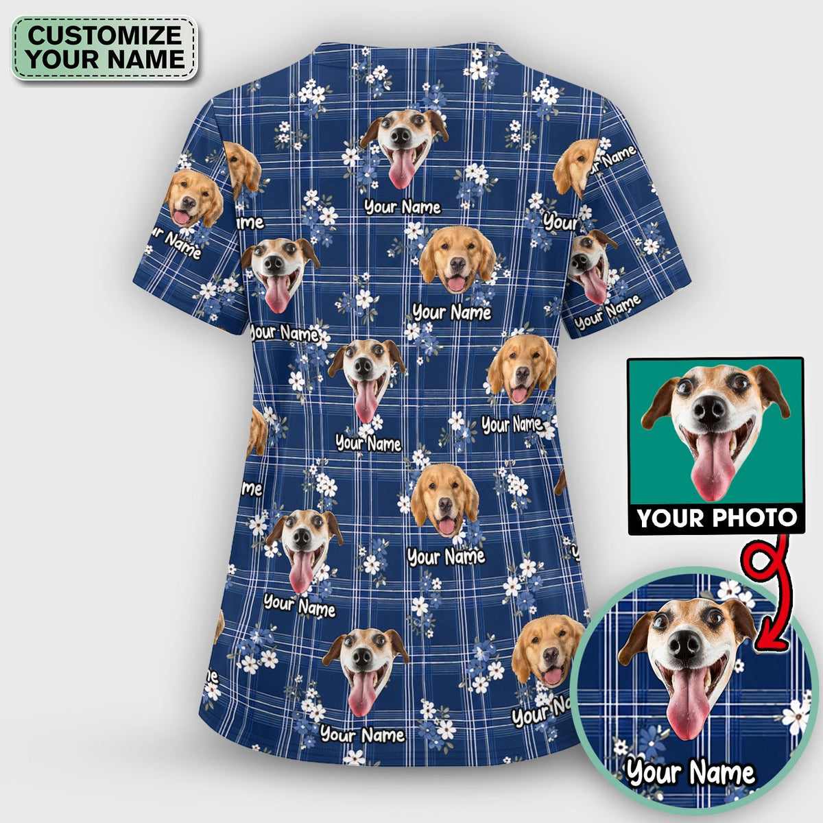 Custom Face Dog With Floral Plaid Pattern Scrub Top, Comfortable Scrubs for Nurses