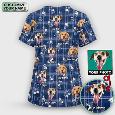 Custom Face Dog With Floral Plaid Pattern Scrub Top, Comfortable Scrubs for Nurses