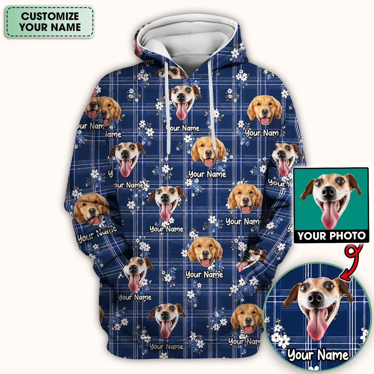 Custom Face Dog With Floral Plaid Pattern Scrub Top, Comfortable Scrubs for Nurses
