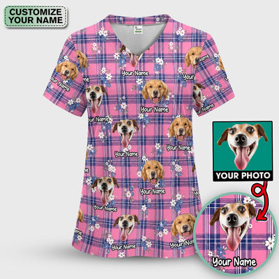 Custom Face Dog With Floral Plaid Pattern Scrub Top, Comfortable Scrubs for Nurses