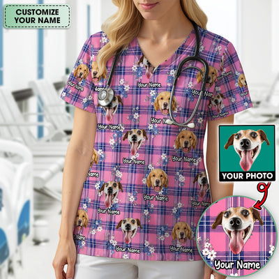 Custom Face Dog With Floral Plaid Pattern Scrub Top, Comfortable Scrubs for Nurses