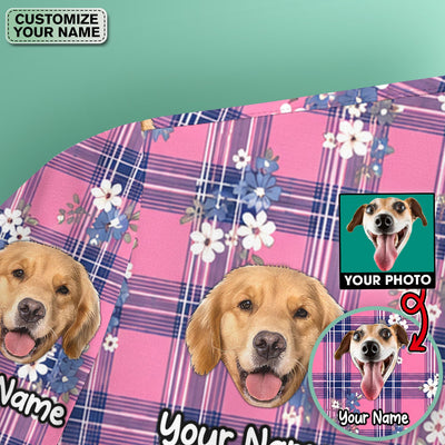 Custom Face Dog With Floral Plaid Pattern Scrub Top, Comfortable Scrubs for Nurses