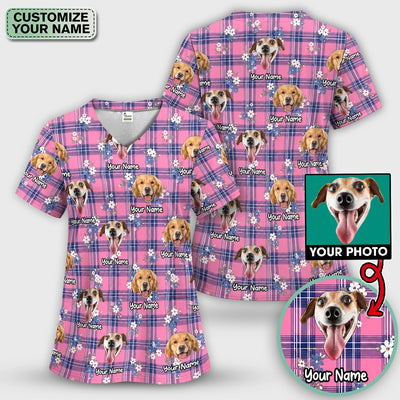Custom Face Dog With Floral Plaid Pattern Scrub Top, Comfortable Scrubs for Nurses