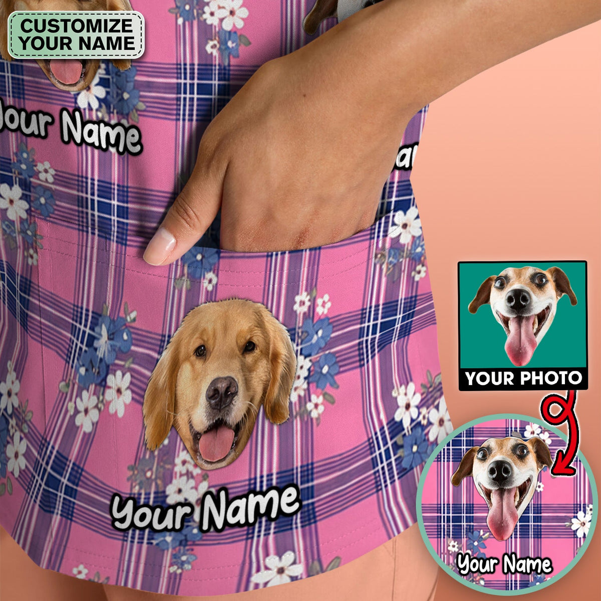 Custom Face Dog With Floral Plaid Pattern Scrub Top, Comfortable Scrubs for Nurses