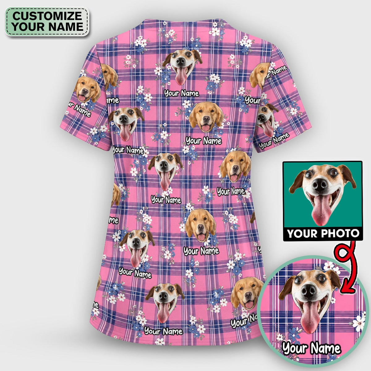 Custom Face Dog With Floral Plaid Pattern Scrub Top, Comfortable Scrubs for Nurses