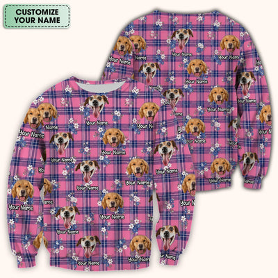 Custom Face Dog With Floral Plaid Pattern Scrub Top, Comfortable Scrubs for Nurses