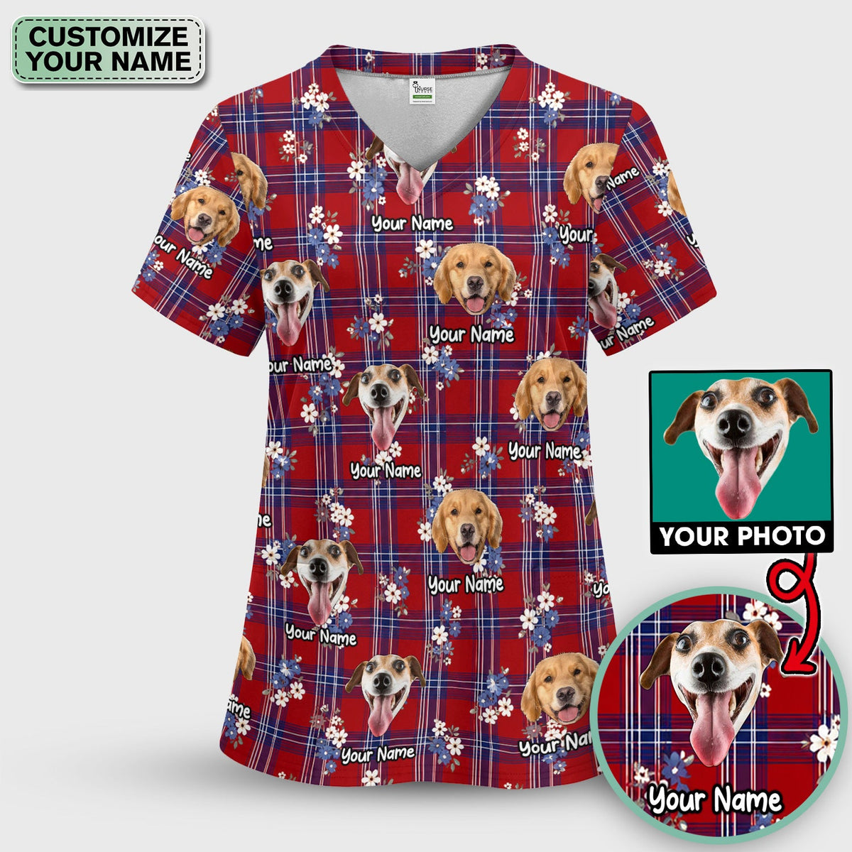 Custom Face Dog With Floral Plaid Pattern Scrub Top, Comfortable Scrubs for Nurses