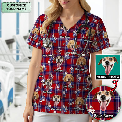 Custom Face Dog With Floral Plaid Pattern Scrub Top, Comfortable Scrubs for Nurses